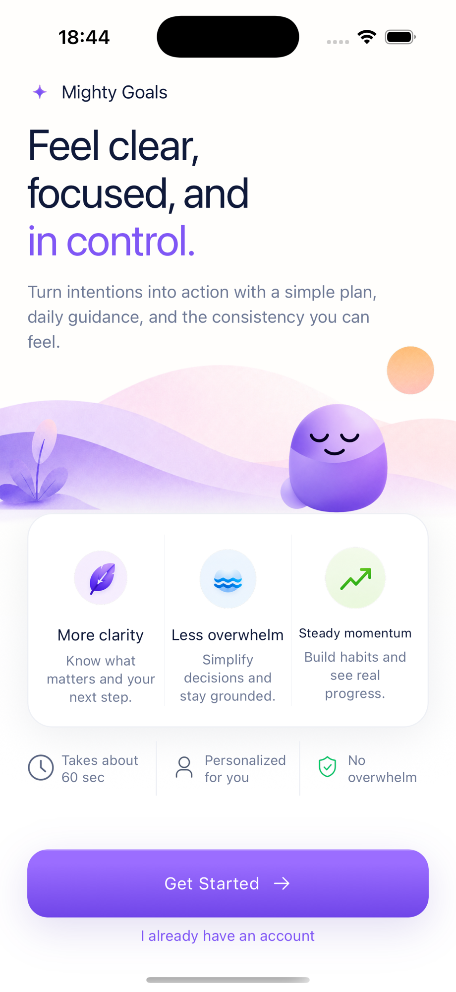 Mighty Goals onboarding — Feel clear, focused, and in control.